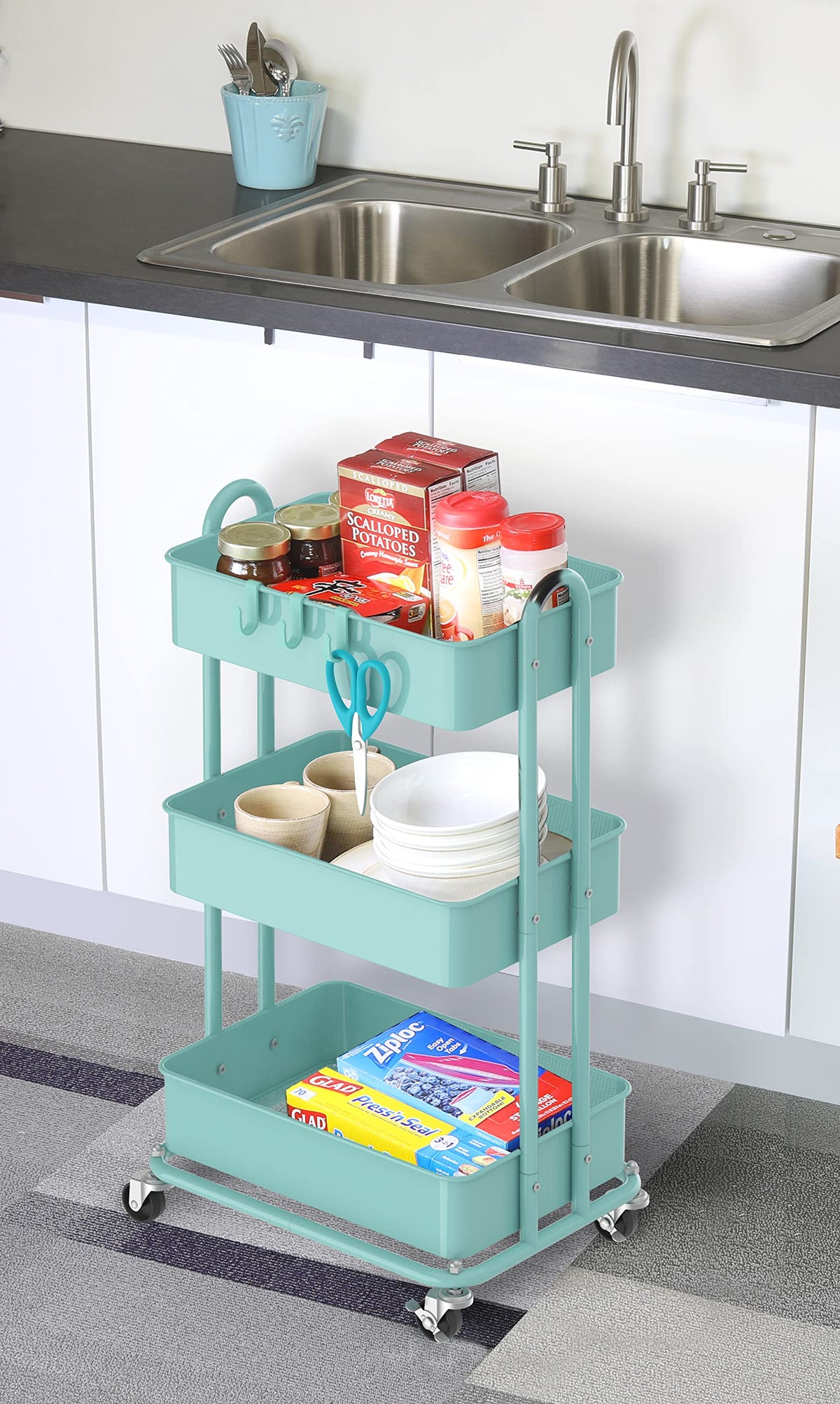 Simple Houseware 3-Tier Heavy Duty Metal Utility Rolling Cart, Turquoise