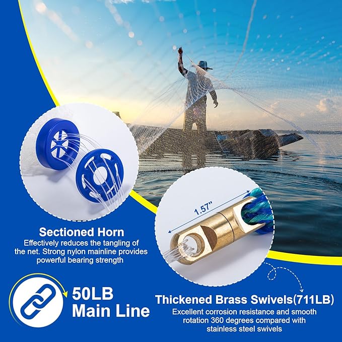 Goture American Fishing Cast Net Saltwater Freshwater,3/8in Mesh Size Casting Net for Bait Fish Shrimp Trap,Heavy Duty Sinkers Dual Color Double Selvage,10ft Radius Throw Cast Net