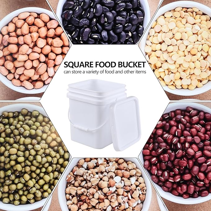 Teyyvn 5 Gallon Plastic Square Bucket with Lid and Handle, 4 Pack White Square Food Bucket Pail Container
