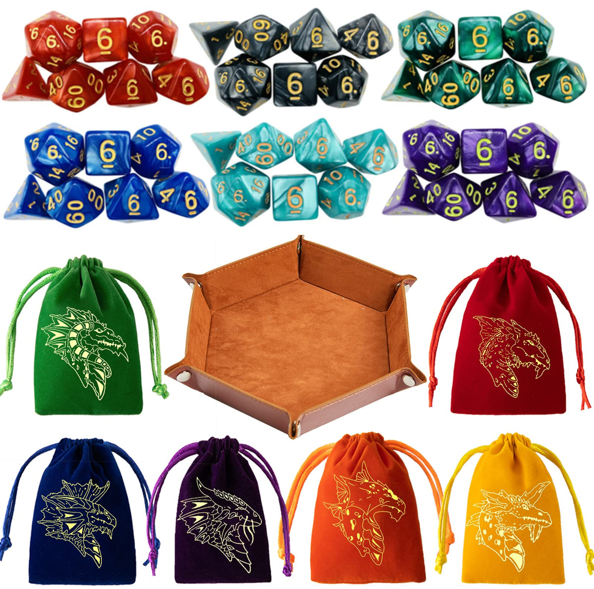 DND Dice Set 42 Pcs Polyhedral Dungeons and Dragons Rolling Dice for D&D RPG MTG Table Games Dice Bulk with Colorful Drawstring Bags and Dice Tray (Single)