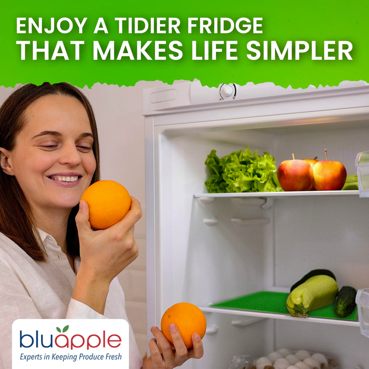 Bluapple FreshMats - Refrigerator Bin Liners, Fridge Drawer Mats - Keeps Produce Fresh Longer, Prevents Bruising, Promotes Air Circulation - BPA-Free Polyurethane Foam - (4-Piece Set, 12"x15", Green)