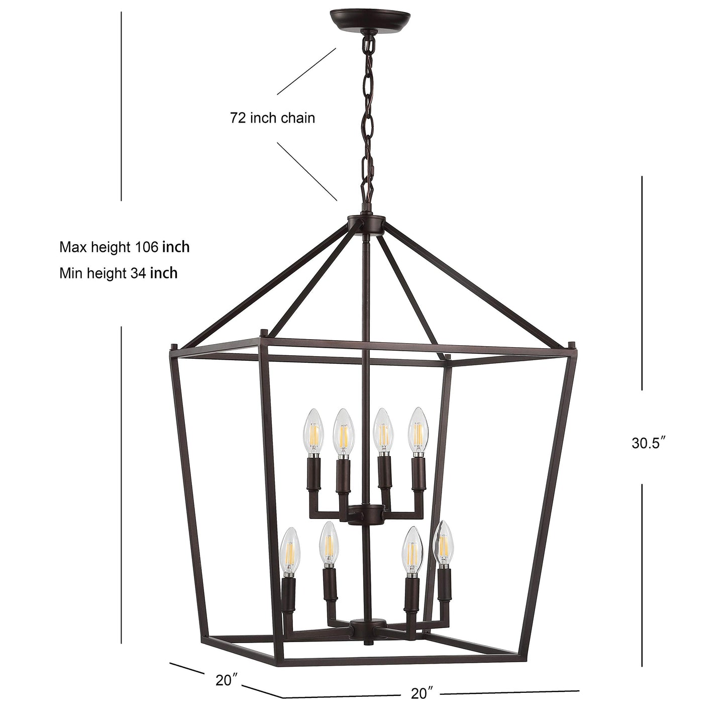 JONATHAN Y 20" Oil Rubbed Bronze Lantern Pendant Light, 8-Light Pagoda Style Metal Cage Farmhouse Hanging Ceiling Fixture for Kitchen Island, LED Bulb Included (JYL7438A)