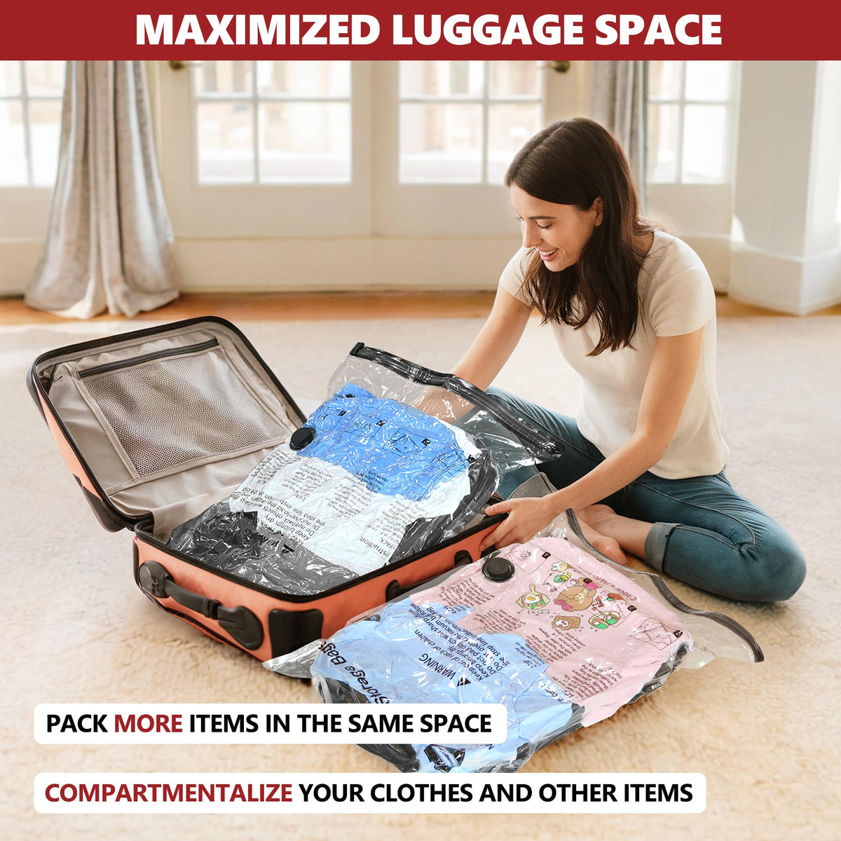 SUOCO Travel Vacuum Bags for Luggage with Portable Electric Pump, 8 Small Packing Seal Bags for Clothing Suitcase Backpack, Space Saver Compression Clothes Storage Bag