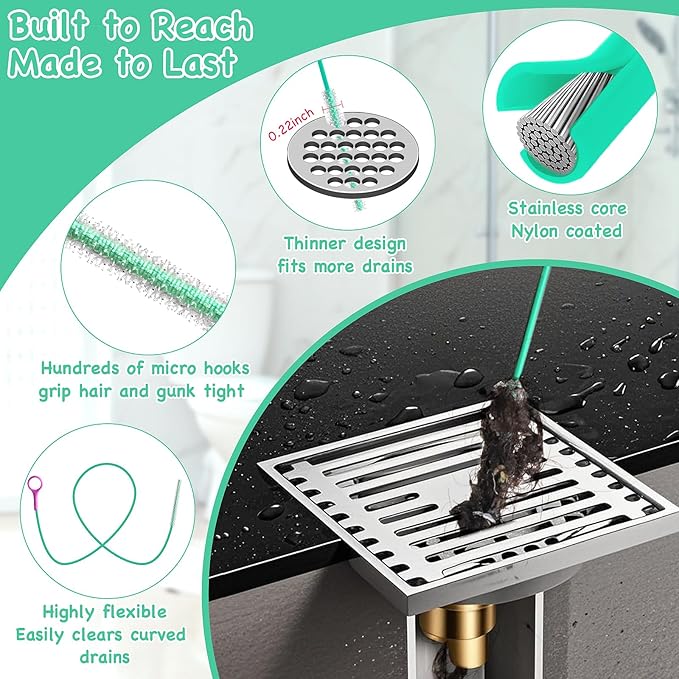 20PCS Drain Clog Remover Tool Set – 59” Drain Snake (2), 37” Snake Drain Hair Removal Tool (2), 25” Plumbing Snake (4), 24” Sink Snake (1), 18” Sink Drain Cleaner Tool (1), Straw Cleaning Brushes (10)