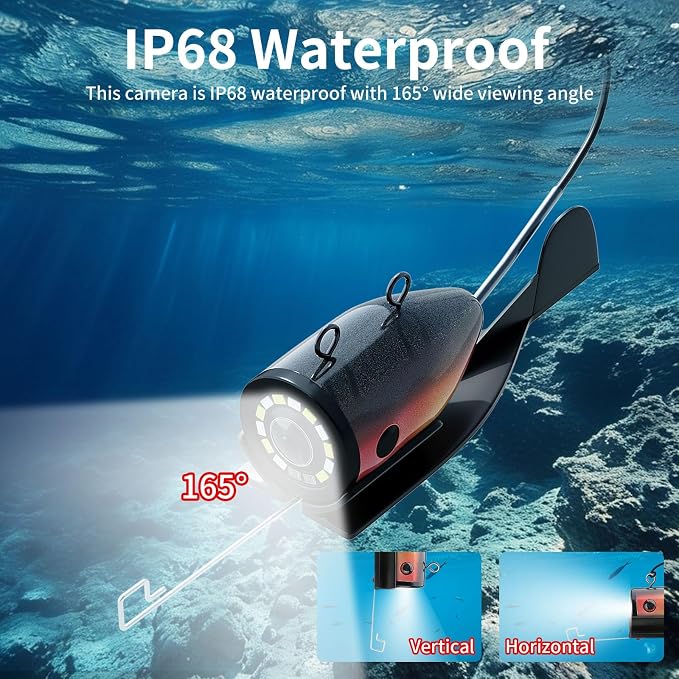 Underwater Fishing Camera, 7 inch HD IPS Monitor 1200TVL IP68 Wateproof Camera with 6 Pcs LED Lights + 6 Pcs IR Infrared Lights, 165°Wide Angle for Ice, Boat and Lake Fishing(100 FT/30 M)