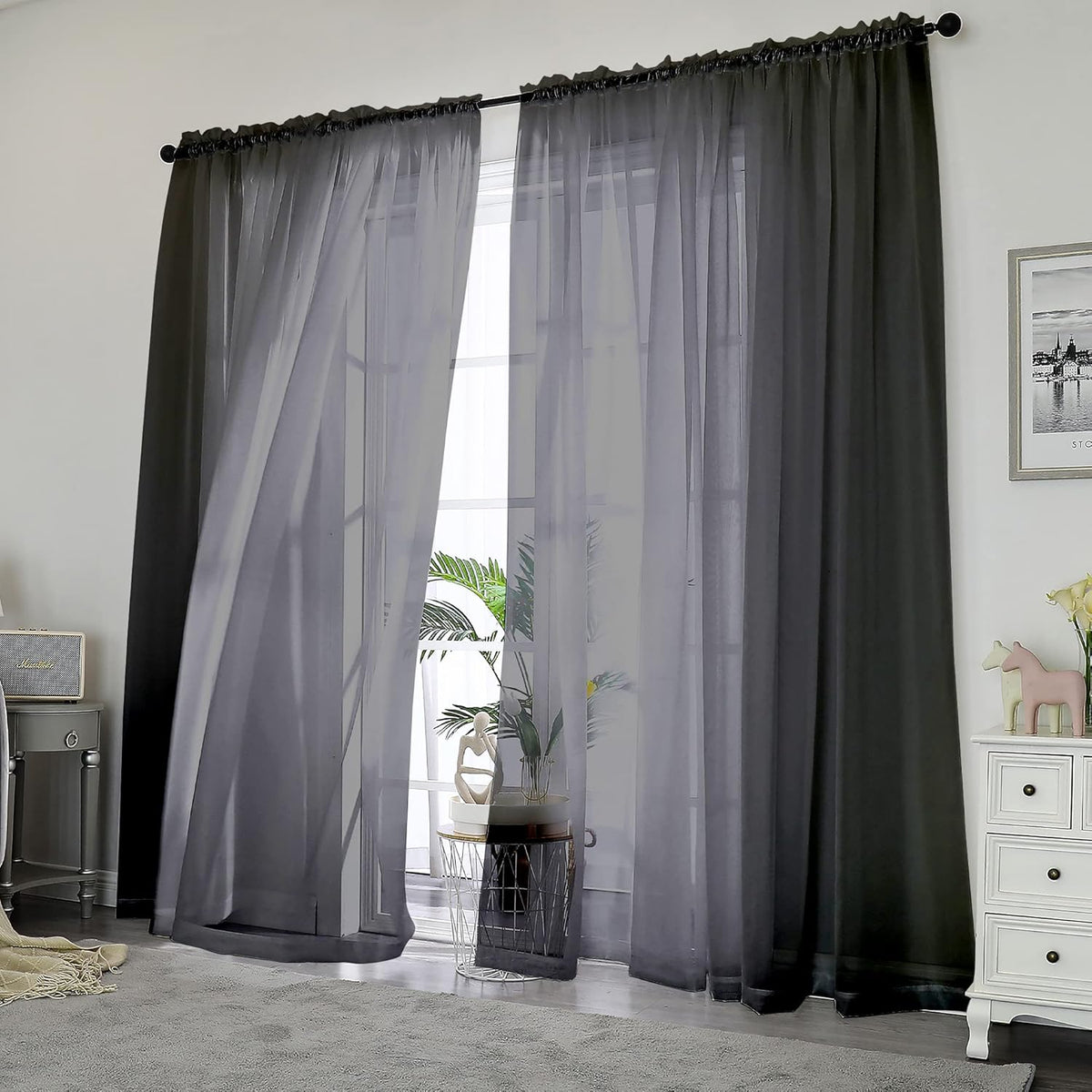 Chyhomenyc 2 Panels Solid Color Sheer Window Curtains 108 Inches Long, Elegant Window Voile Panels/Drapes/Treatment/Scarf for Bedroom Living Room Wedding Canopy (42X108 Inches, Black) 9 FT