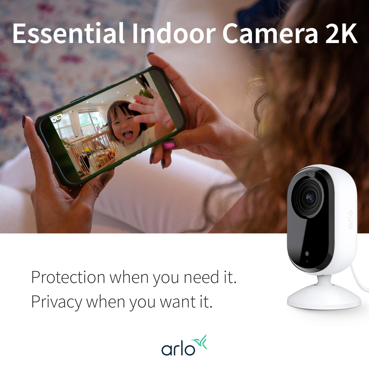 Arlo Essential Security Camera 2K | Indoor Only| 2nd Gen | Baby Monitor & Pet Camera | Wired Automated Privacy Shield, 2-Way Audio, Night Vision, Live Stream, Motion Alerts & Notifications White,1 Cam