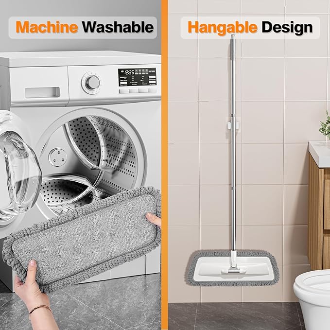 Microfiber Dust Mop,Flat Floor Mops with 4 Washable Pads and Squeegee Broom Set for Wet & Dry Floor Cleaning - 360° Rotating Adjustable Handle Sweeper Mop for Hardwood Floors,Laminate,Tile,Vinyl
