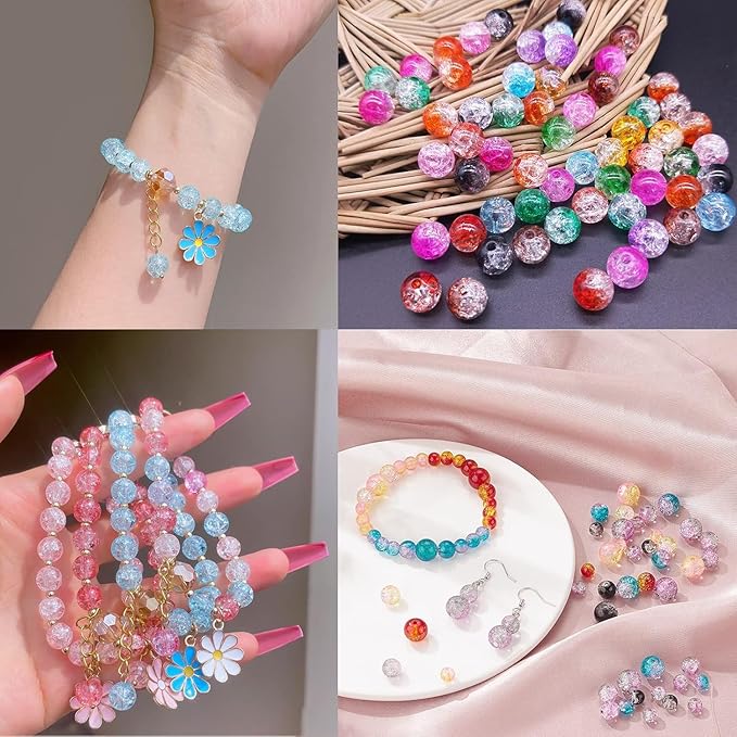 300pcs Crackle Glass Beads, 6mm and 8mm Black Crystal Glass Beads Round Loose Spacer Bulk Beads for DIY Craft Earring Necklace Bracelet Jewelry