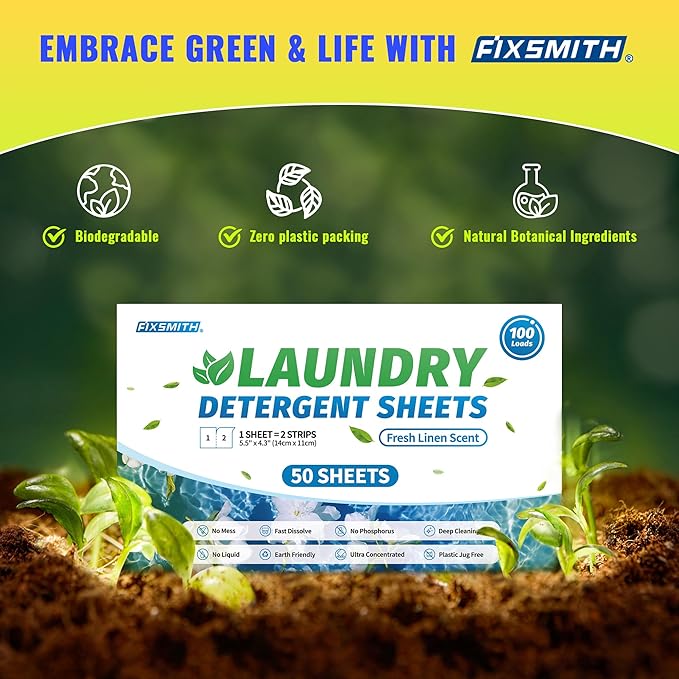 FIXSMITH Laundry Detergent Sheets - 100 Loads (50 Sheets) Fresh Linen Scent - Hypoallergenic, Laundry Detergent Strips Ultra-Concentrated Travel Detergent Sheets.Plastic-Free,Liquidless.