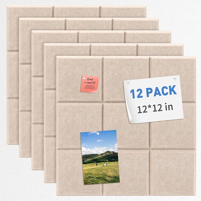Smarpau Felt Bulletin Boards 48"x36", 12 Pack Large Cork Board for Walls, Pin Board with Removable Adhesive Tabs Pushpins, Cork Wall Tiles for Office Home Classroom