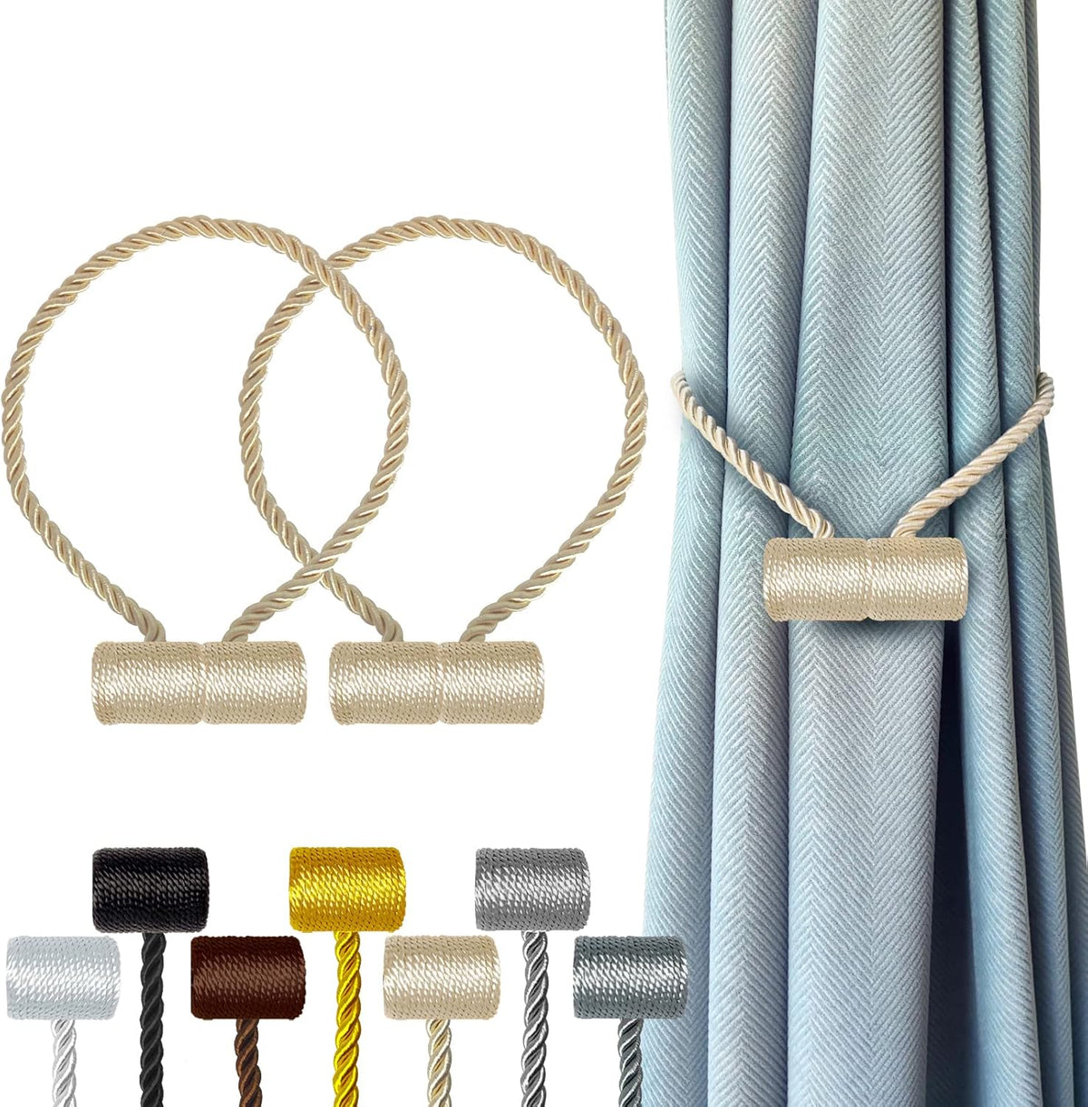 Hion Magnetic Curtain Tiebacks Beige 2pcs, Curtain Tiebacks Buckles Holdbacks Holders Hooks Clip for Home Bedroom Office Decorative Curtain