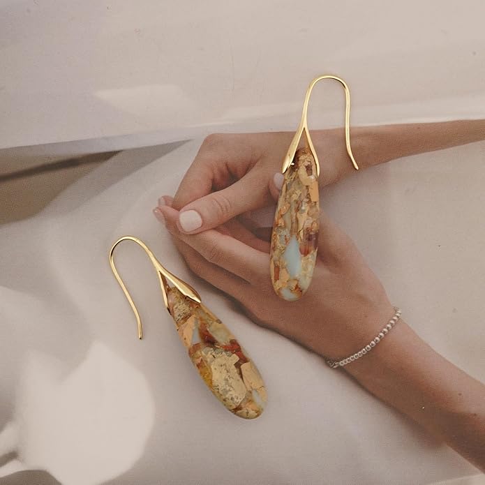 Natural Healing Stone Fishhoop Dangle Drop Earrings Statement Gold silver earrings