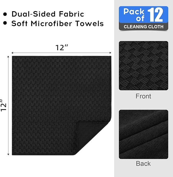 Kitinjoy Microfiber Cleaning Cloth, 12 Pack Soft and No Lint Microfiber Towels Cleaning Supplies, Absorbent Fast Drying Cleaning Rags for Housekeeping, Kitchen, Window, 12 x12 Inches, Black