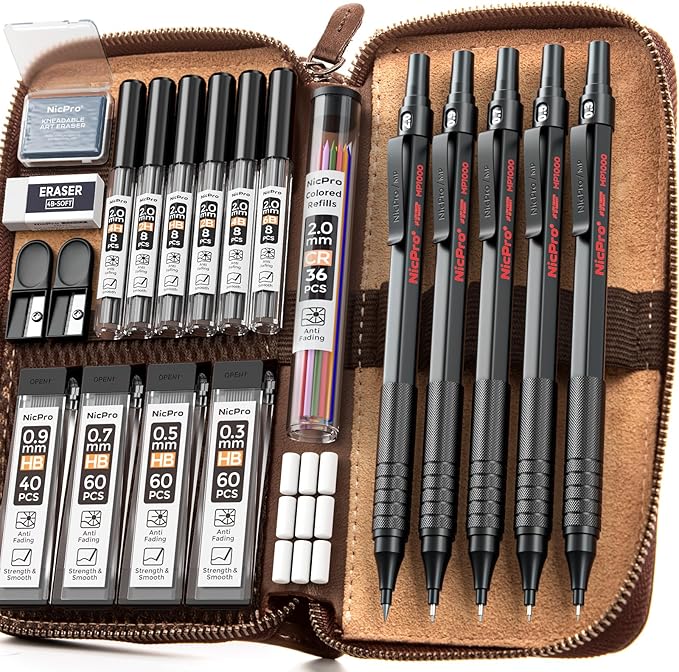 Nicpro 20PCS Black Metal Mechanical Pencil Set in Leather Case, Drafting Pencil 0.3, 0.5, 0.7, 0.9 mm & 2mm Lead Holders, 9 Tube (4B 2B HB 2H Colors) Lead Refills, Erasers For Art Sketching Drawing