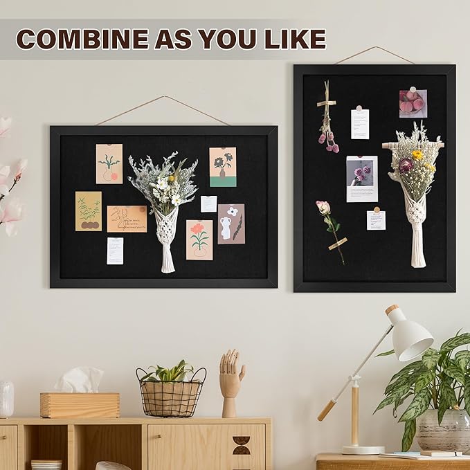 Black Cork Board Bulletin Board 16.7" x 11", Small Linen Corkboards with Frame for Walls, Cute Picture Display Pin Board Vision Board for Room School Office Bedroom 8 Pushpins