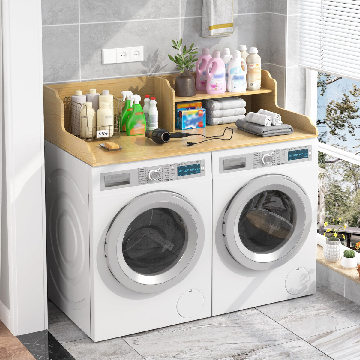 YEMNMFH 2-Tier Washer Dryer Countertop - 54” W x 27.5” D Laundry Room Organization and Storage, 100% Solid Wooden Washer and Dryer Topper, Space-Saving Laundry Countertop with Anti-Slip Pads, Natural