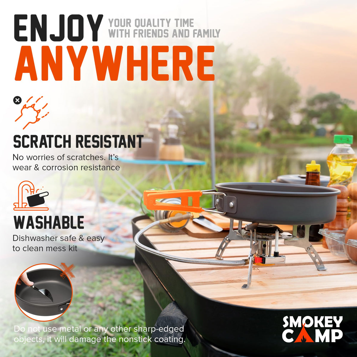 11 Pcs Smokey Camp Backpacking Cooking Set with Stove & Adapter - Pot, Pan, Stove, Cutlery, Compact Camping Cookware Mess Kit for One Person, All in One Non-Stick Camping Cooking Set, Hiking, Picnic