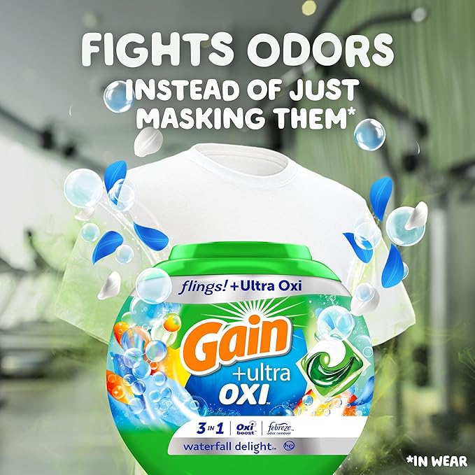 Gain flings Ultra Oxi Laundry Detergent Pacs, 112 Count, Waterfall Delight Scent, 3-in-1, HE Compatible
