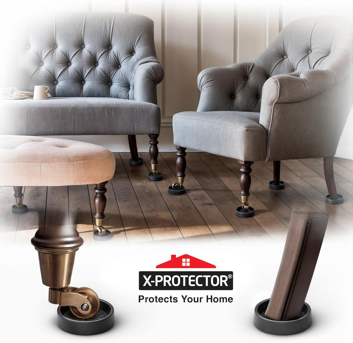 Furniture Cups X-PROTECTOR – 2.5" Caster Cups 8 PCS – Round Furniture Coasters – Ideal Bed Stoppers – Non Skid Furniture Pads with a Perfect Design – Rubber Furniture Pads - Protect Any Flooring!