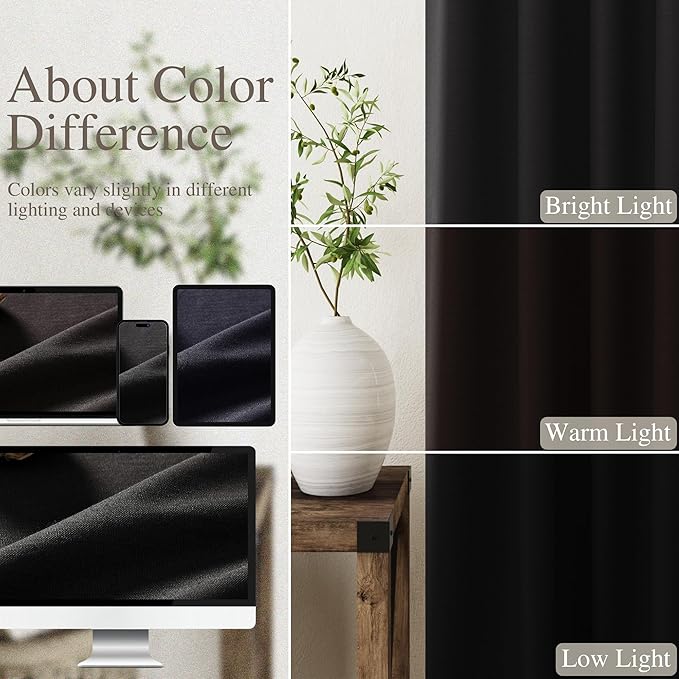 Black Linen Blackout Curtains 96 Inches Long 2 Panel Set for Living Room Back Tab Thermal Insulated Light Blocking Drapes Modern Farmhouse Energy Saving Bedroom Curtains with White Liner 8 Ft