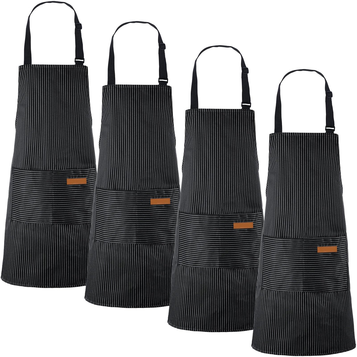 Handepo 4 Pcs Kitchen Aprons with Pockets Adjustable Waterproof Cotton Aprons Striped Apron for Women Men Chef Gift for Dad(Narrow Stripes,Black)