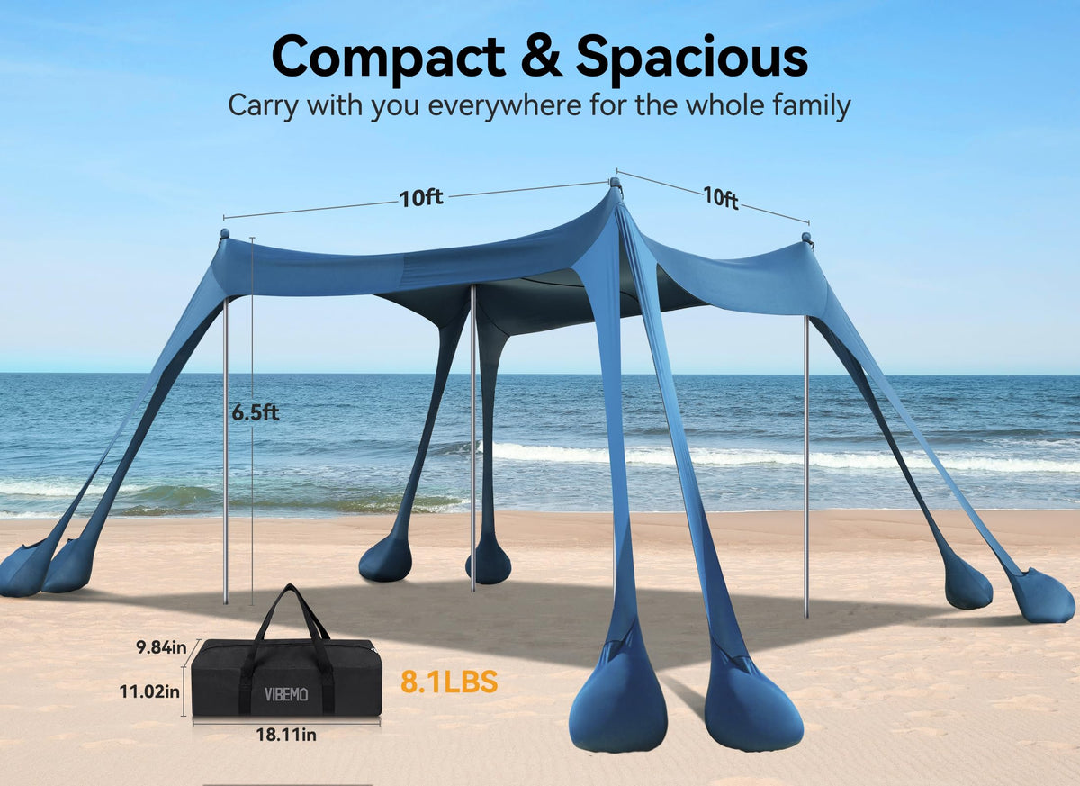 Vibemo Beach Tent, Beach Canopy Sun Shade with UPF50+ UV Protection, 10x10ft, Includes 8 Sandbags, Sand Shovel, Ground Pegs & 4 Stability Poles, Pop Up Sun Shelter for Camping, Picnics, Backyard Fun