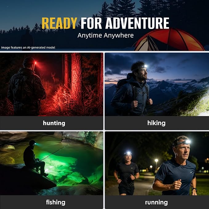HOKOILN 4-Pack LED Headlamp Rechargeable with Green & Red Light -1300 Lumen Ultra-Bright Flashlight Headlight for Camping, Running, Hiking, Fishing - Waterproof with 7 Modes