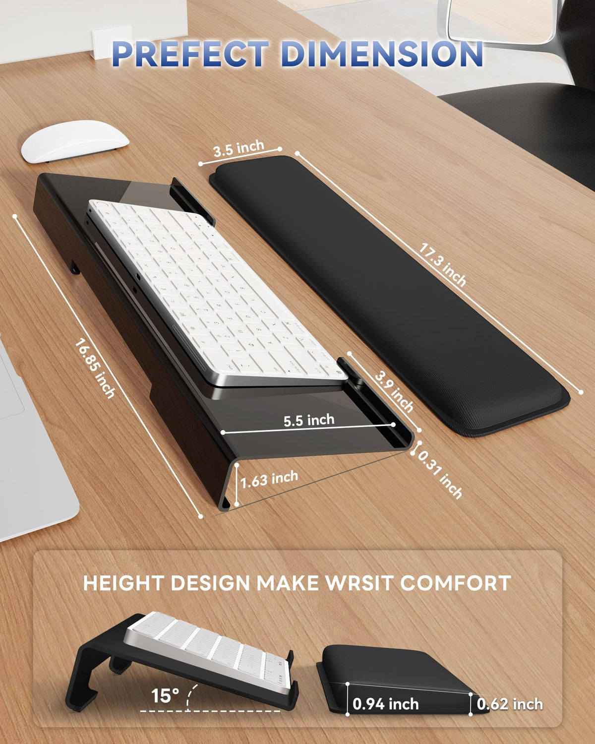Laborio Computer Keyboard Wrist Rest Stand for Desktop, Keyboard Holder for Easy Typing with Wrist Pad for Office Desk, Home, School (Black)