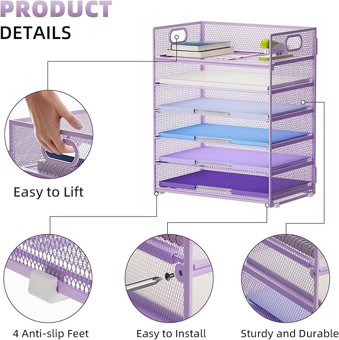 Marbrasse 6 Tier Paper Organizer Letter Tray - Mesh Desk File Organizer with Handle, Paper Sorter for Letter/A4 Office File Folder Holder - Purple