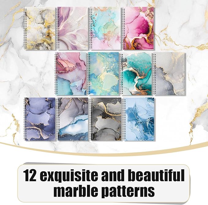 Fuutreo 12 Pcs Spiral Notebook for Work A5 8.3 x 5.7 Inch College Ruled Spiral Journal Notebook Kraft Cover Ruled Paper, 12 Color, 60 Sheets, 120 Pages for Office School(Marble Pattern)
