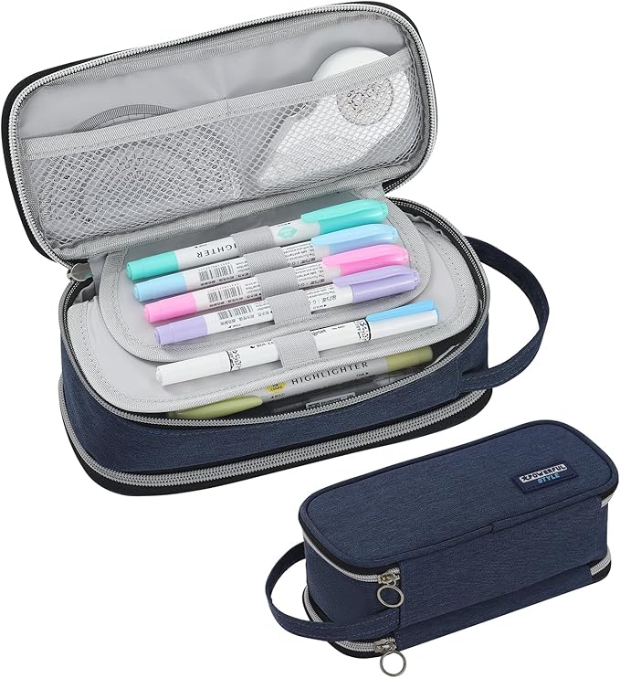 Pencil Case Large Zipper Pencil Pouch for Girls Kids Teens Adults Aesthetic Pencil Bag Stationery Organizer Pencil Case with Handle for School Blue