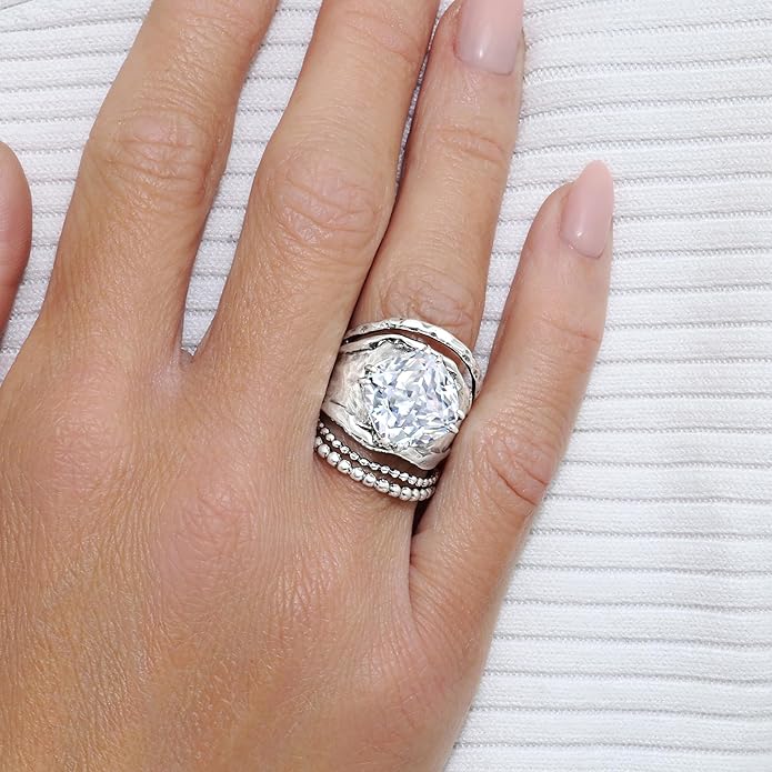JEAN RACHEL JEWELRY 925 Sterling Silver Ring - Bold with Prong-Set Cubic Zirconia Vintage Design - Hypoallergenic, Lead & Nickel Free - Artisan Handcrafted Statement Rings for Women