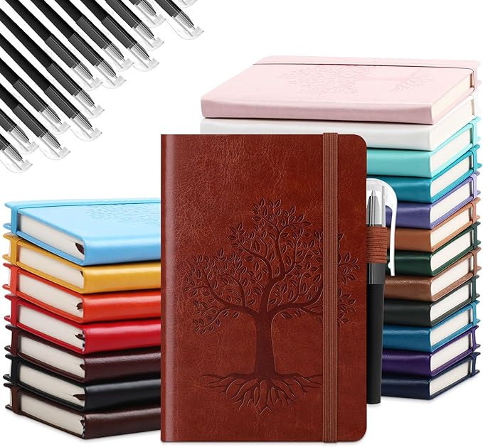 Estune Tree Small Notebooks Pen Leather Lined Pocket Subject Notebooks Hardcover Pocket Notepad Cute Ruled Leather Journals with Pen Holder for Men Women School Business, A6(Stylish Color,20 Set)