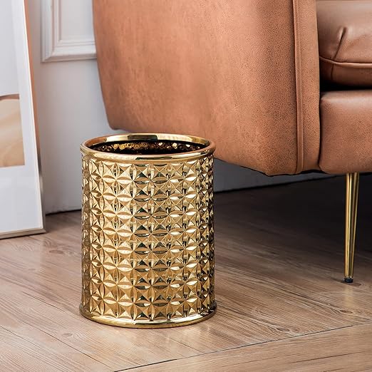 Gold Ceramic Trash Can - Round Waste Bin for Bathroom Vanity & Kitchen Desk, Durable Small Garbage Can with Lid, Modern Home Office Decor, Space-Saving Design
