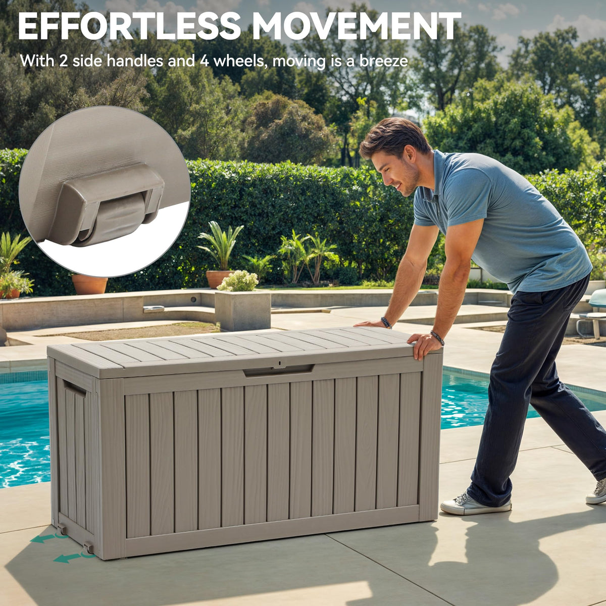 YITAHOME 72 Gallon Outdoor Storage Box w/Wheels, Resin Deck Box Indoor & Outdoor Patio Storage Box for Throw Pillows, Athletic Gear, Yard Implements (Light Brown)