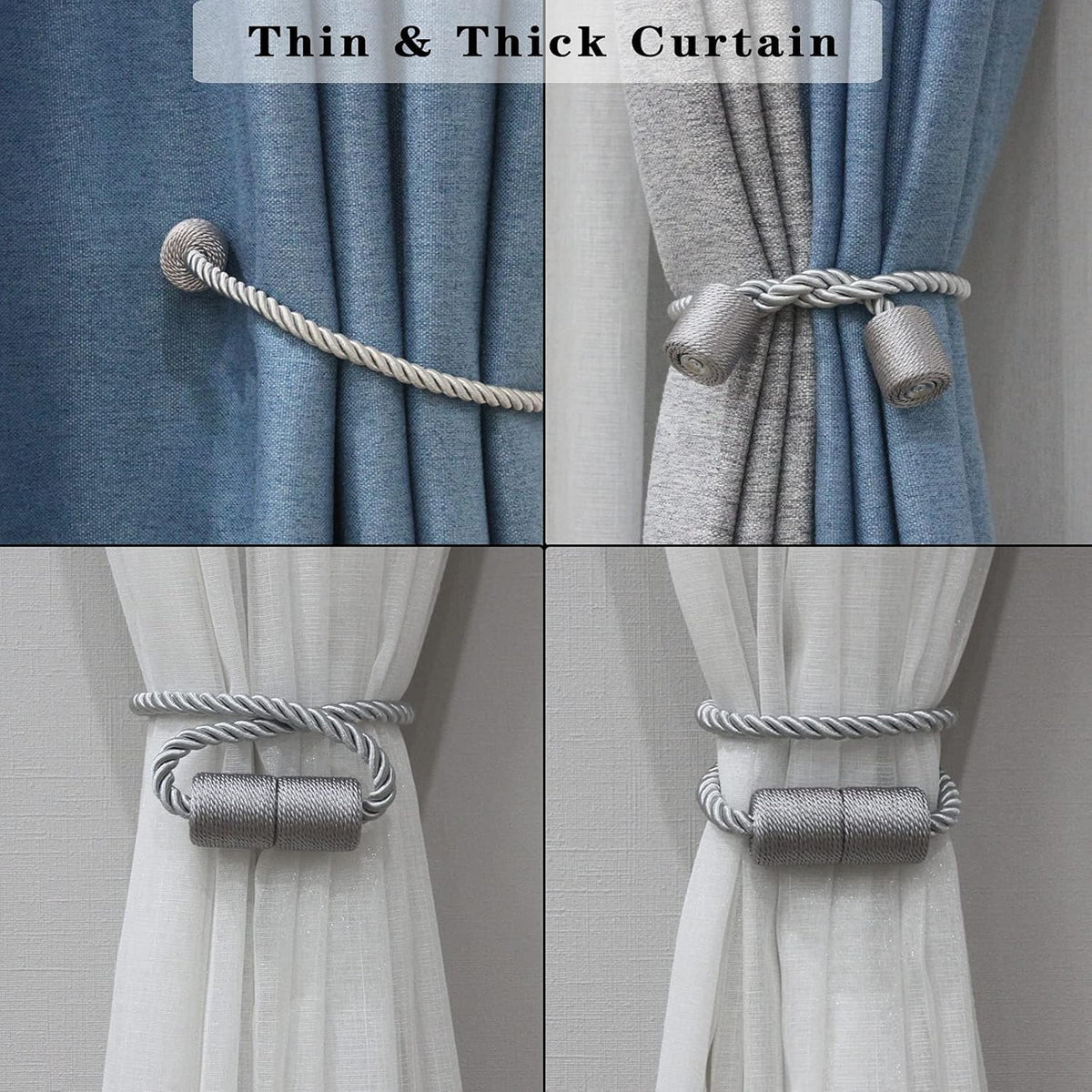 6 Pack Grey Strong Magnetic Curtain Tiebacks Outdoor Elegant Decorative Tie Backs Modern Rope Tiebacks for Drapes Window Curtain Holdbacks for Draperies