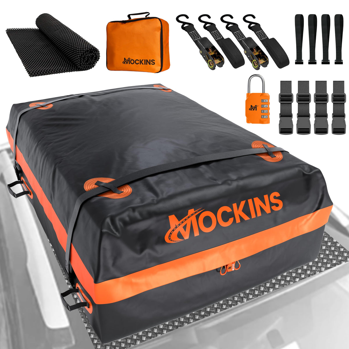 Mockins 30 CuFt Waterproof Rooftop Cargo Bag for Top of Car, SUV, Truck & Large Vehicles | 60"x43"x20" Vinyl Car Roof Bag for Use with or w/o Roof Rack | All-Weather Rooftop Cargo Carrier Set