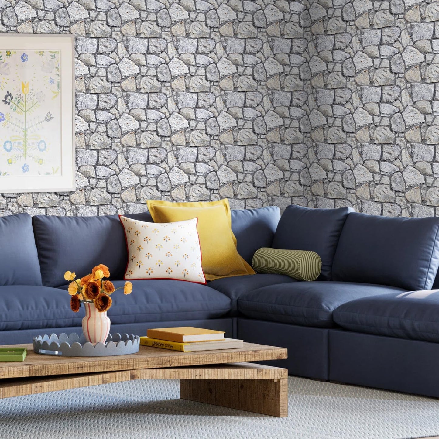 SMOOSTIKC 3D Faux Stone Wall Panels Peel and Stick, 10 Pcs 11.8" x 11.8", Stone-Look Textured Wall Sticker, Ultra-Light Thin PVC Fake Stone Wall Covering Tiles for Quick DIY, Whitewash Grey