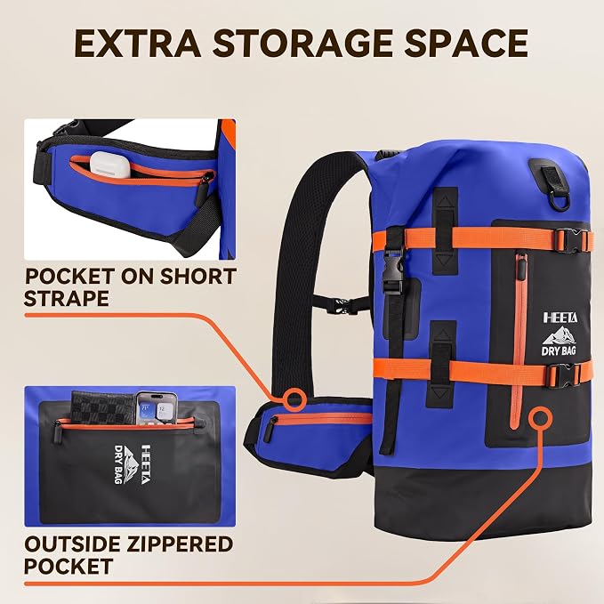 HEETA Dry Bags Waterproof Backpack 40L for Men & Women, Roll Top Heavy Duty Cushioned Hiking Backpack for Kayaking Boating Paddle Boarding Fishing Travel Camping Beach Vacation Cruise Ship Essentials