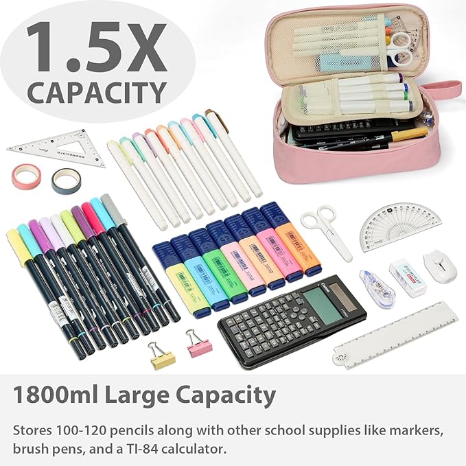Pencil Case Pouch Box Bag School Supplies Girls Boys Kids, Cute Preppy Stuff Large Big Capacity Aesthetic Pen Organizer, Back to College Stationary, Light Pink, Standard Stlye, 1800ml