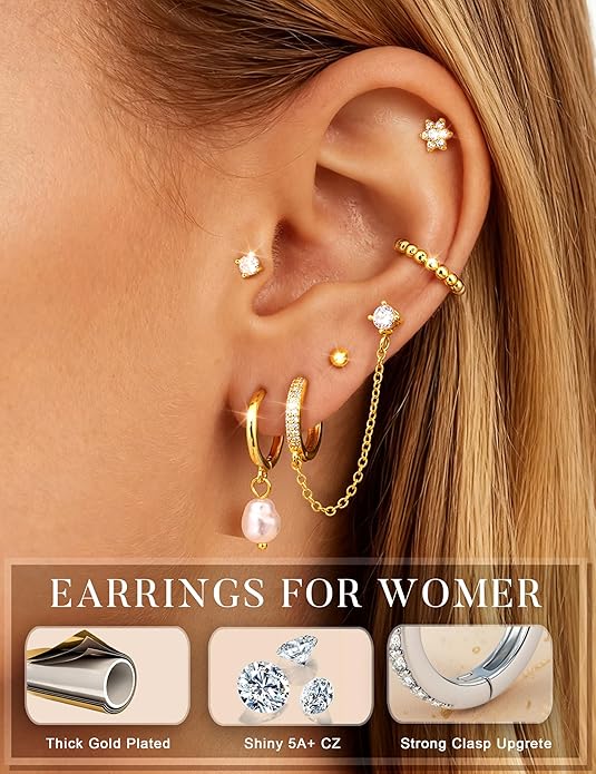 HAIAISO Small 14K Gold Plated Huggie Hoop Earrings for Women Lightweight Double Piercing Chain Earrings Dainty Stud Earrings Hypoallergenic 14K Gold Plated Hoop Earrings Set