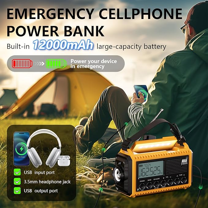 Emergency Radio12000mAh, Weather Radio 6 Ways Powered, Solar Hand Crank Radio Flashlight Cell Phone Charger, AUTO NOAA AM/FM/SW Portable Radio Rechargeable, Reading Lamp, SOS Alarm for Emergencies