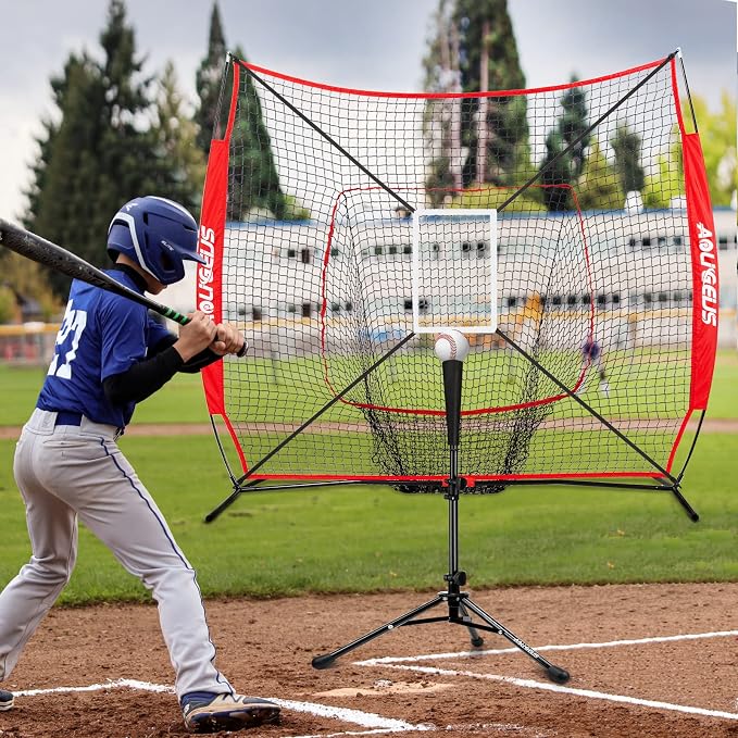 7'X7' Baseball Softball Practice Net,Pitching Net,Batting Net,with Baseball Tee,Bonus Strike Zone and Bow Frame,for Hitting,Pitching, Catching