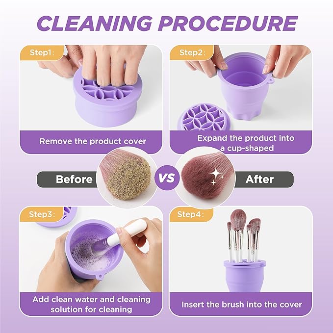 Makeup Brush Cleaner - Foldable Silicone Makeup Brush Cleaner Mat with Brush Storage Holder Makeup Brush Cleaning Bowl Cosmetic Brush Washing Tool for Cleaning Organizer and Drying (Purple and Green)