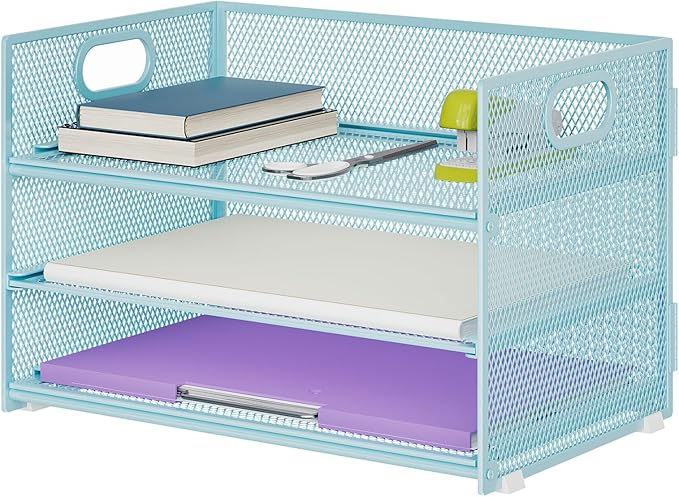 Marbrasse 3 Tier Paper Organizer Letter Tray, Mesh File Organizer with Handle, Paper Sorter Desk Organizer for Home Office Supplies(Blue)