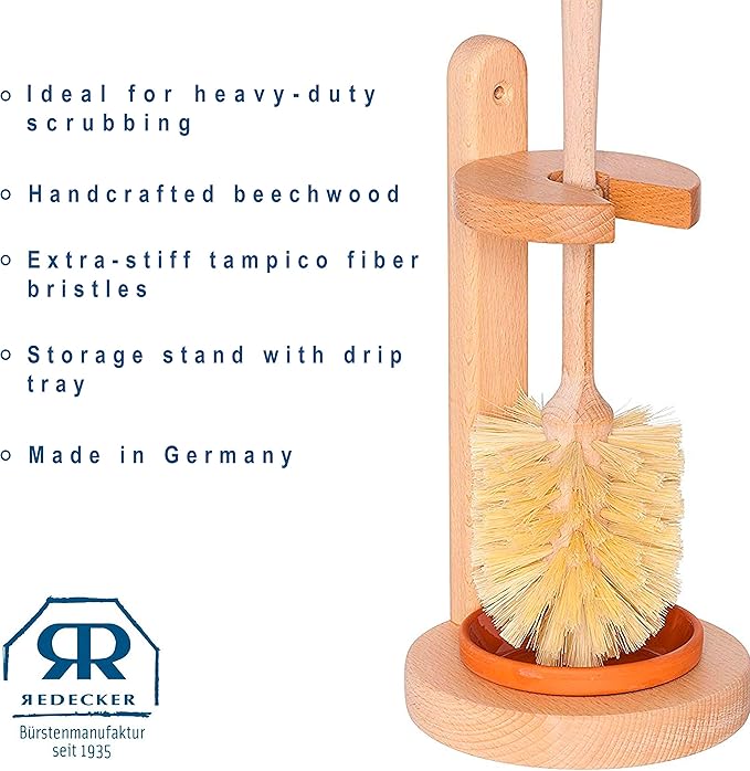 REDECKER Oiled Beechwood Toilet Brush Stand with Tampico Fiber Toilet Brush, 9-7/8 inches - Natural Bristles are Heat-Resistant and Retain Shape, Made in Germany - Wood Toilet Brush Set
