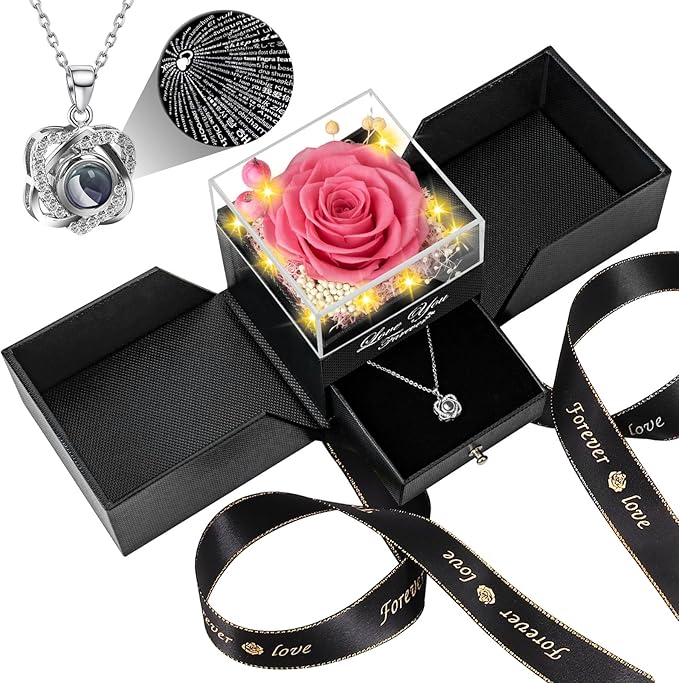 Preserved Pink Real Rose with Heart I Love You Necklace -Eternal Flowers Rose Birthday Gifts for Her Mom Wife Girlfriend Grandma on Valentines Mothers Day Christmas Anniversary Romantic-Pink