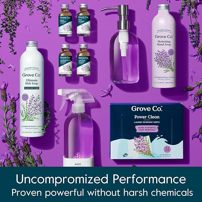 Grove Co. Multi-Purpose Cleaner, Refill Concentrate (6 x 1 Fl Oz) Plant-based Household Cleaning Supplies, Ammonia & Chlorine Free, No Plastic Waste, Lavender Blossom & Thyme, Total 3 x 2 Pack Refills
