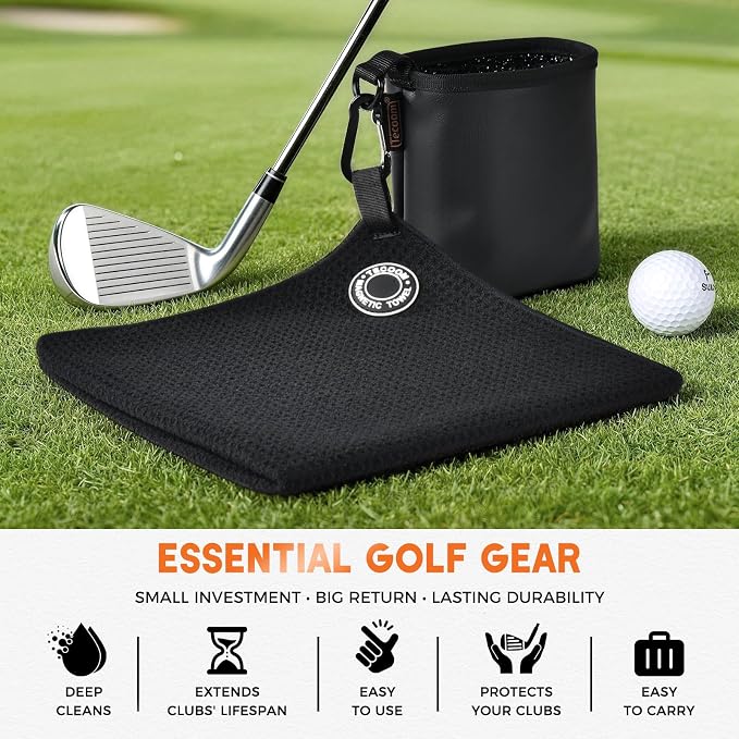 Tecoom Magnetic Golf Towel-Black, Premium Ultra Absorbent Waffle Microfiber, Golf Club and Ball Cleaning Bag with Three-Layer Waterproof Fabric Technology